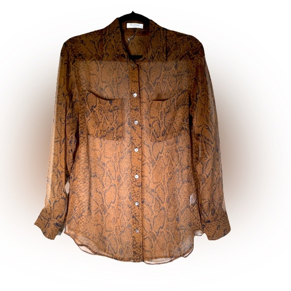 EQUIPMENT Femme Brown Silk Snake Print Button Up Sheer Long Sleeve Blouse Sz XS - Picture 1 of 11